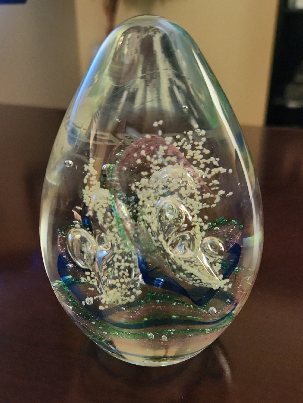 Handblown Glass Art Paperweight - Clear with Blue, Green, Pink Accents